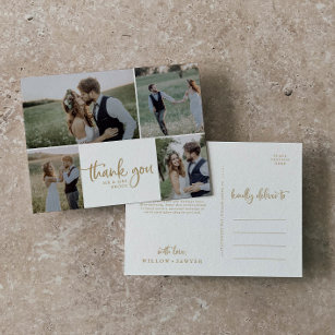 Rustic Gold 4 Photo Collage Wedding Thank You Postcard