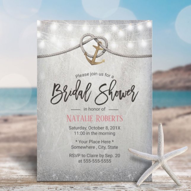 Rustic Gold Anchor & Rope Elegant Bridal Shower Invitation (Creator Uploaded)