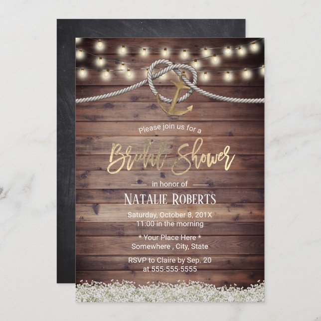 Rustic Gold Anchor & Rope FLoral Bridal Shower Invitation (Front/Back)