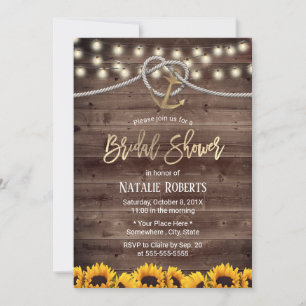 Rustic Gold Anchor & Rope Sunflowers Bridal Shower Invitation