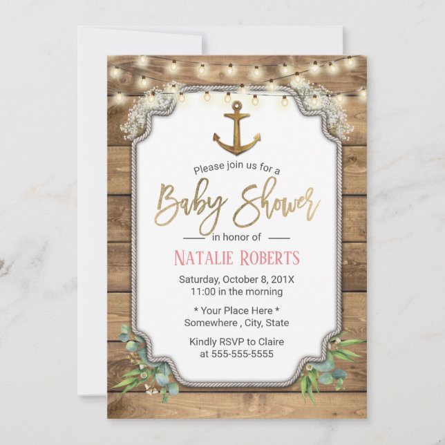 Rustic Gold Anchor String Lights Barn Baby Shower Invitation (Front)