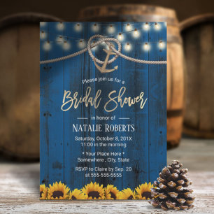 Rustic Gold Anchor Sunflowers Navy Bridal Shower Invitation