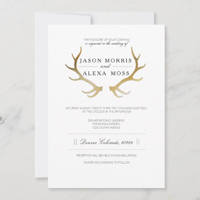 Rustic Gold Antler | Elegant Wedding Invitation (Front)