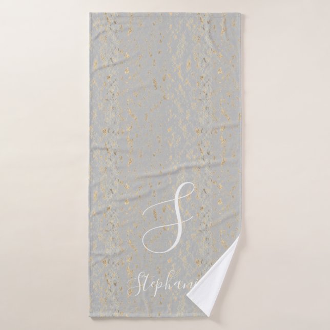 Rustic Gold Artsy Patterns Grey Monogram Initials Bath Towel (Bath Towel)