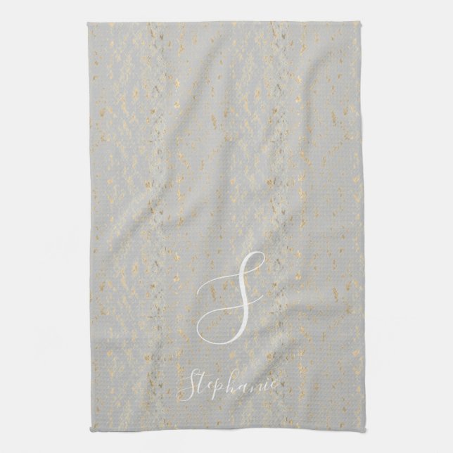 Rustic Gold Artsy Patterns Monogram Initials Cute Tea Towel (Vertical)