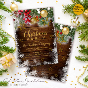 Rustic Gold Baubles Berries Stars Christmas Party Invitation