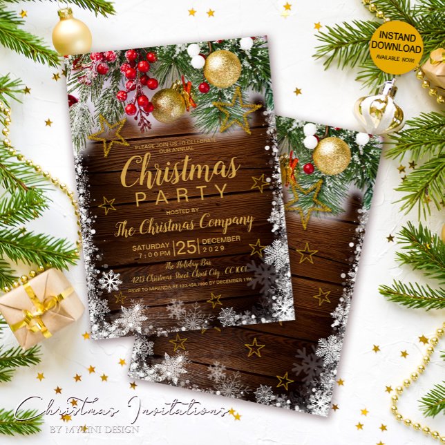 Rustic Gold Baubles Berries Stars Christmas Party Invitation (Creator Uploaded)
