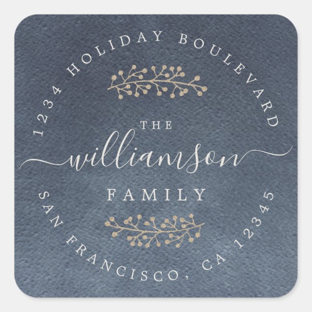 Rustic Gold Berries Sprig Dark Blue Christmas Square Sticker (Front)