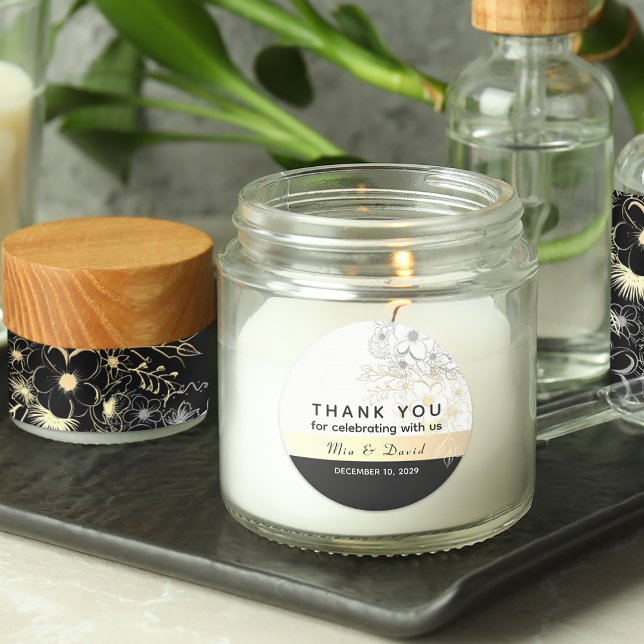 Rustic Gold Black and White Wedding Thank You Classic Round Sticker (Creator Uploaded)