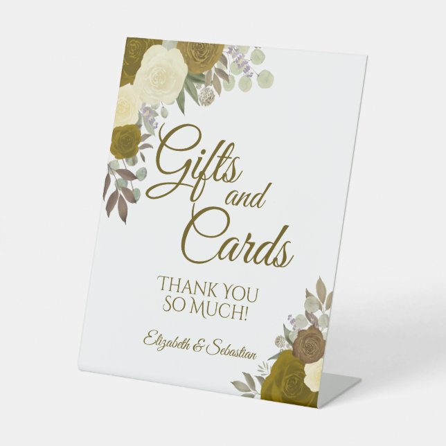 Rustic Gold Boho Chic Floral Gifts & Cards Wedding Pedestal Sign (Front)