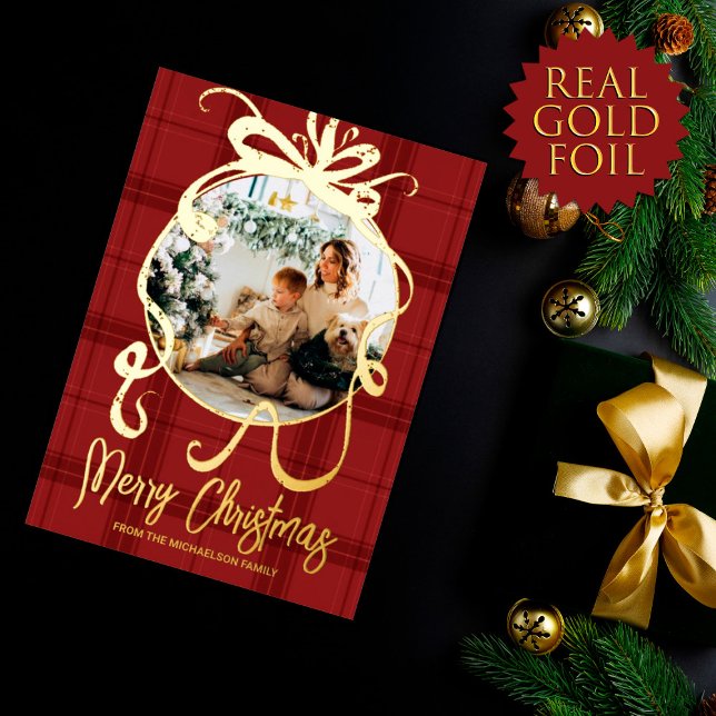 Rustic Gold Bow Family Photo Foil Holiday Card (Creator Uploaded)