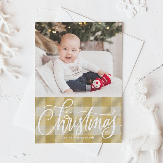 Rustic Gold Buffalo Plaid Merry Christmas Photo Holiday Card (Creator Uploaded)