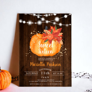 Rustic gold chic floral wood lights fall Sweet 16 Invitation