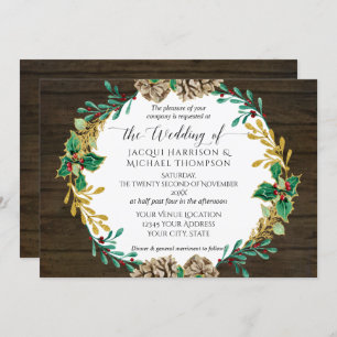 Rustic Gold Christmas Pine Cone Greenery Wedding Invitation