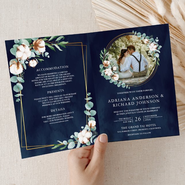 Rustic Gold Cotton Eucalyptus QR Code Navy Wedding Invitation (Creator Uploaded)