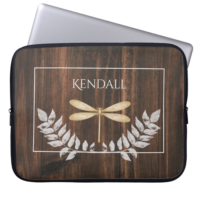 Rustic Gold Dragonfly Personalised Laptop Sleeve (Front)