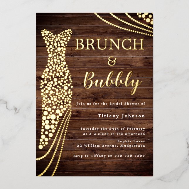 Rustic Gold Dress Bridal Shower Brunch & Bubbly (Front)