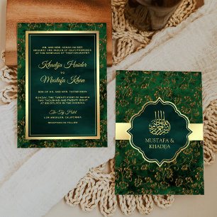 Rustic Gold Emerald Green Filigree Muslim Wedding Invitation