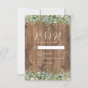 Rustic Gold Eucalyptus & White Floral Wedding RSVP Invitation