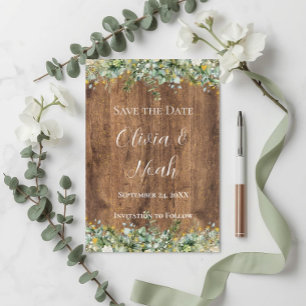 Rustic Gold Eucalyptus & White Floral Wood STD Invitation