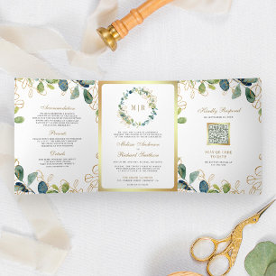 Rustic Gold Eucalyptus Wreath QR Code Wedding Tri-Fold Invitation