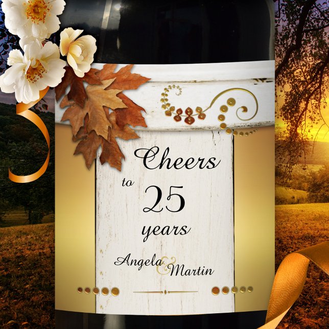 Rustic Gold Fall Anniversary Wine Label (Anniversary wine label featuring rustic wood with a chic golden lining and colorful fall leaves)