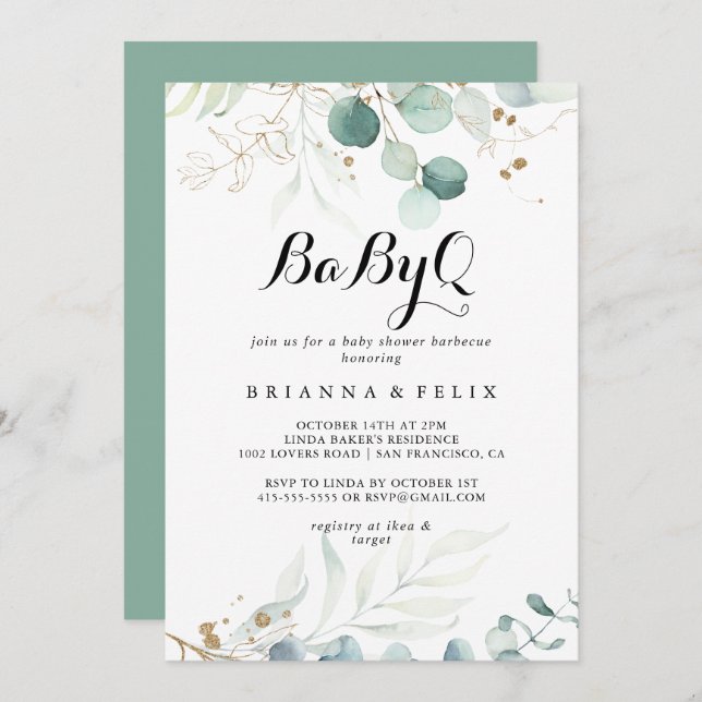Rustic Gold Floral BabyQ Baby Shower Barbecue Invitation (Front/Back)