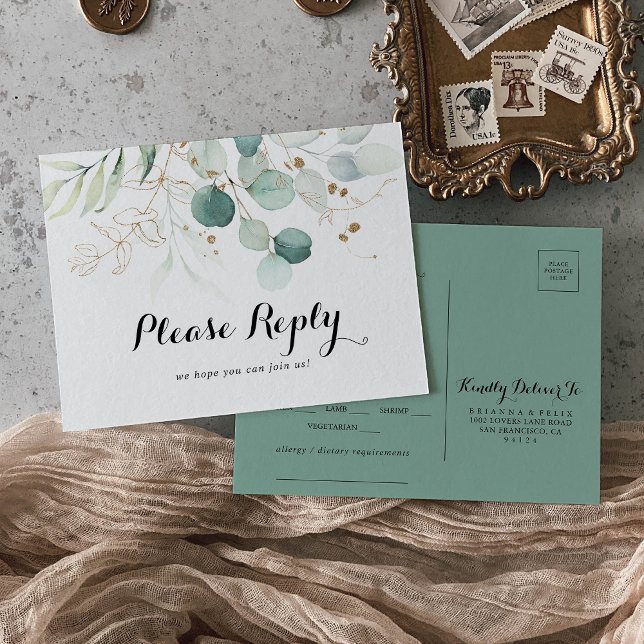 Rustic Gold Floral Menu Choice RSVP Postcard (Creator Uploaded)