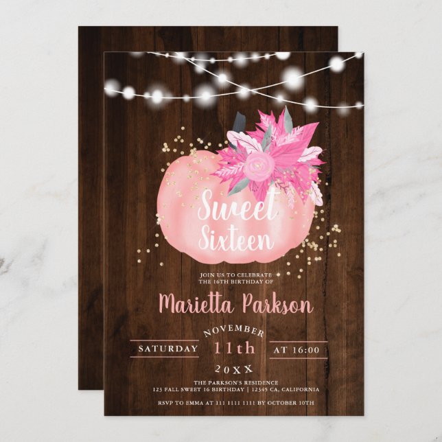 Rustic gold floral pumpkin lights fall Sweet 16 Invitation (Front/Back)