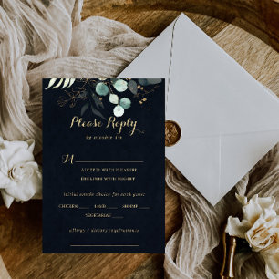 Rustic Gold Floral Wedding Blue Menu Choice RSVP
