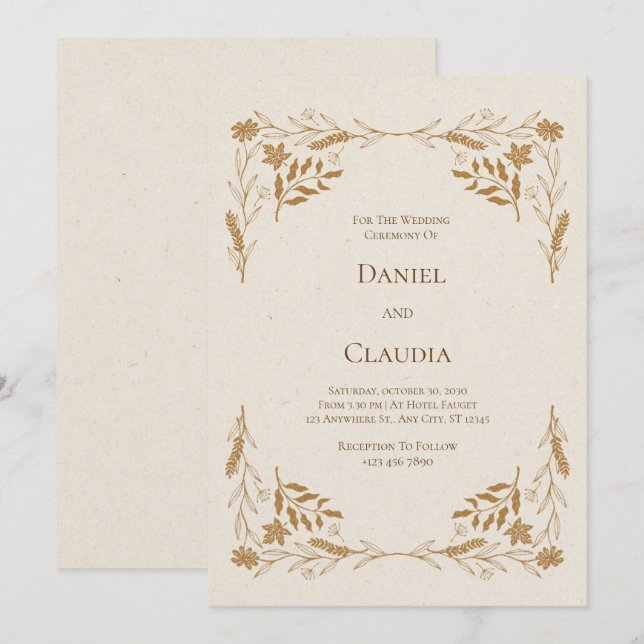 Rustic Gold Floral Wedding Invitation (Front/Back)