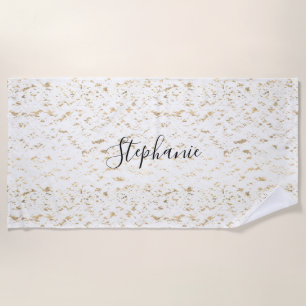 Rustic Gold Foil Patterns Monogram White Glittery Beach Towel
