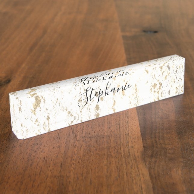 Rustic Gold Foil Patterns Monogram White Glittery Nameplate (Side)
