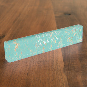 Rustic Gold Foil Patterns Monograms Turquoise Blue Nameplate