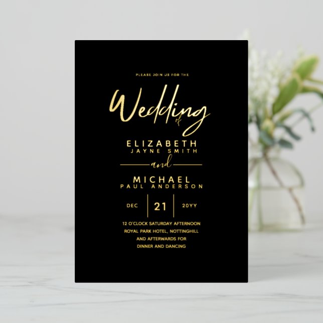 Rustic GOLD FOIL Text Black Wedding Elegant (Standing Front)
