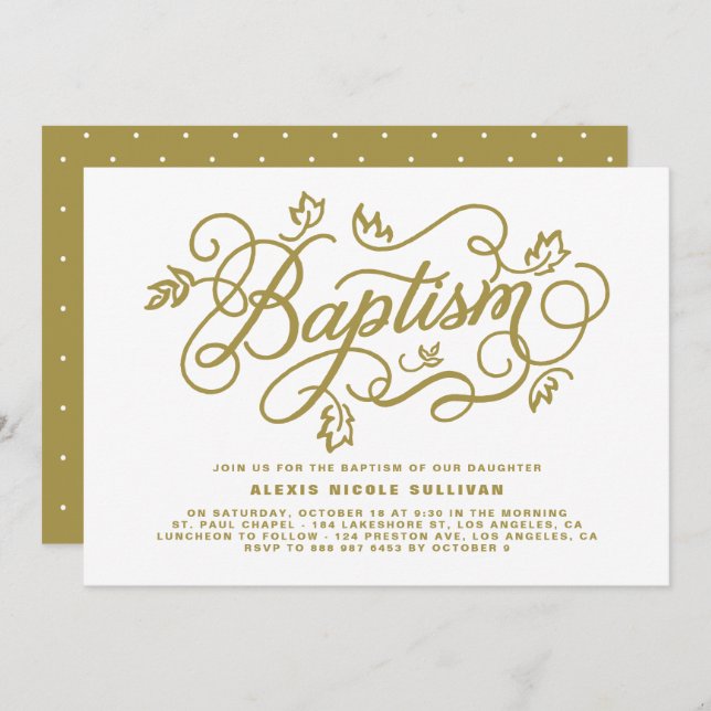 Rustic Gold Foliage Lettering Baptism Invitation (Front/Back)