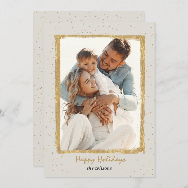Rustic Gold Frame Confetti Photo Holiday Card (Front/Back)