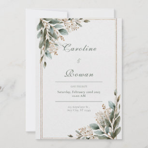Rustic Gold Frame Eucalyptus White Blossom Wedding Invitation