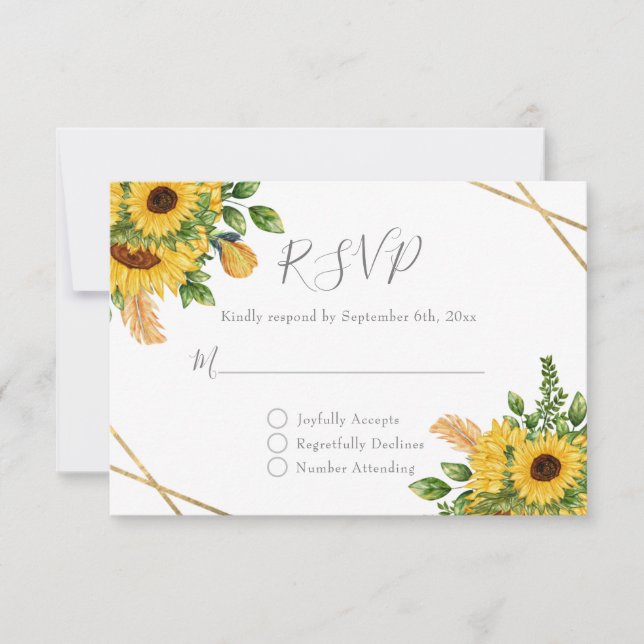 Rustic Gold Geometric Floral Sunflower RSVP Card (Front)