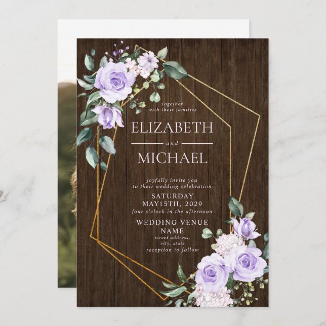 Rustic Gold Geometric Lilac Floral Wood Photo Invitation (Front/Back)