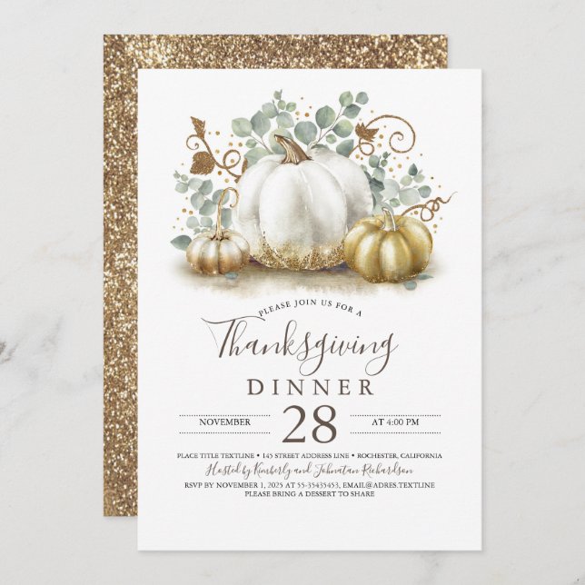 Rustic Gold Glitter Pumpkins Thanksgiving Dinner Invitation (Front/Back)