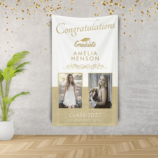 Rustic Gold Graduate 2 Photo Graduation Party Banner (Creator Uploaded)