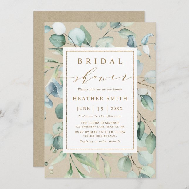 Rustic Gold Green Botanical Bridal Shower Invitation (Front/Back)