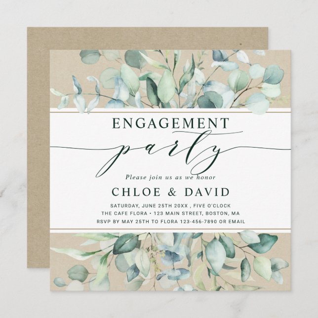 Rustic Gold Green Botanical Engagement Party Invitation (Front/Back)