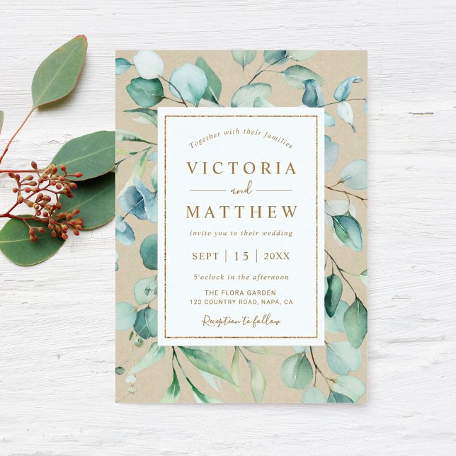 Rustic Gold Green Botanical Wedding Invitation (Creator Uploaded)