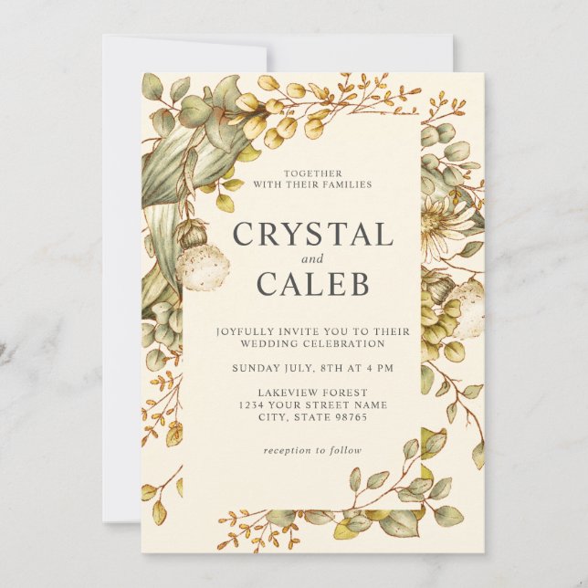 Rustic Gold Green Eucalyptus Foliage Wedding Invitation (Front)