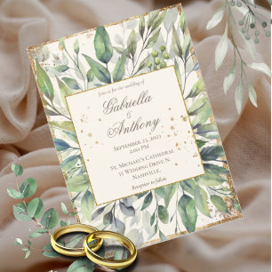 Rustic Gold Greenery Leaves Watercolor Wedding  Invitation
