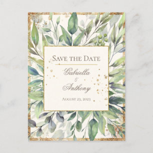 Rustic Gold Greenery Watercolor Save the Date Postcard
