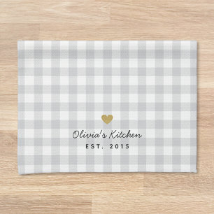 Rustic Gold Heart and Soft Grey Buffalo Check Tea Towel