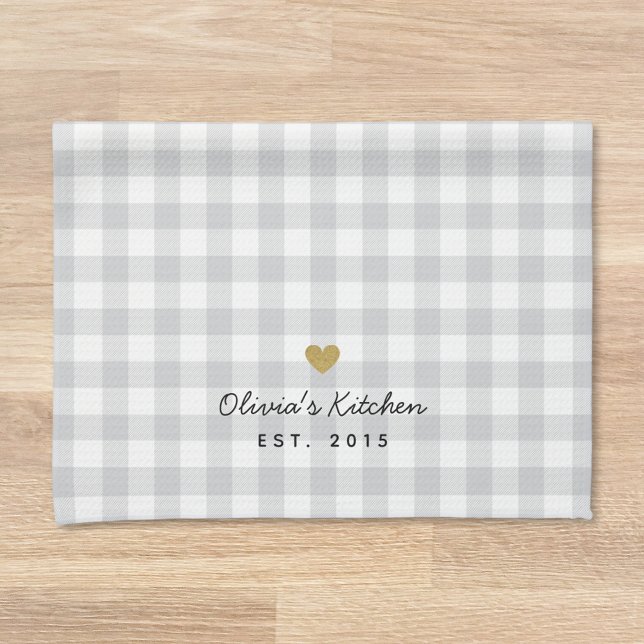 Rustic Gold Heart and Soft Grey Buffalo Check Tea Towel (Creator Uploaded)
